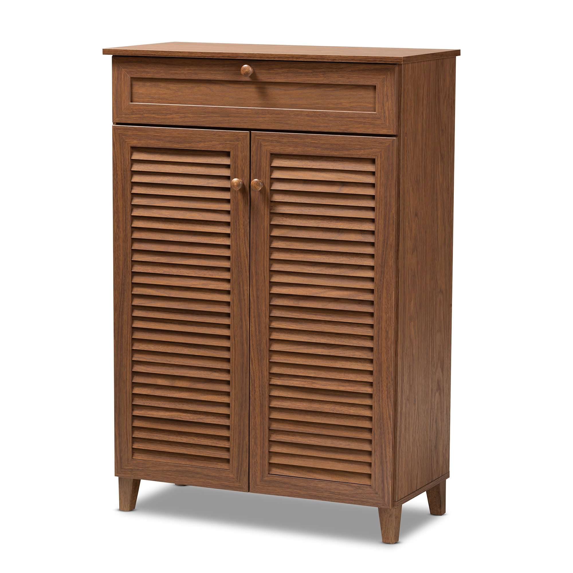 Baxton Studio Coolidge Modern and Contemporary Walnut Finished 5-Shelf Wood Shoe Storage Cabinet with Drawer