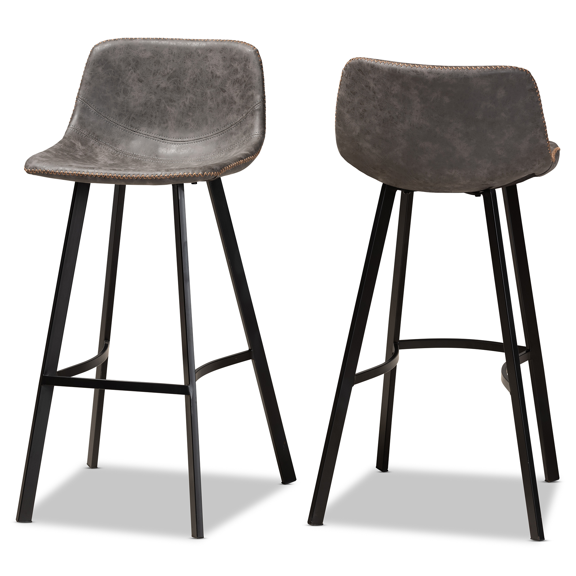 Baxton Studio Tani Rustic Industrial Grey and Brown Faux Leather Upholstered Black Finished 2-Piece Metal Bar Stool Set