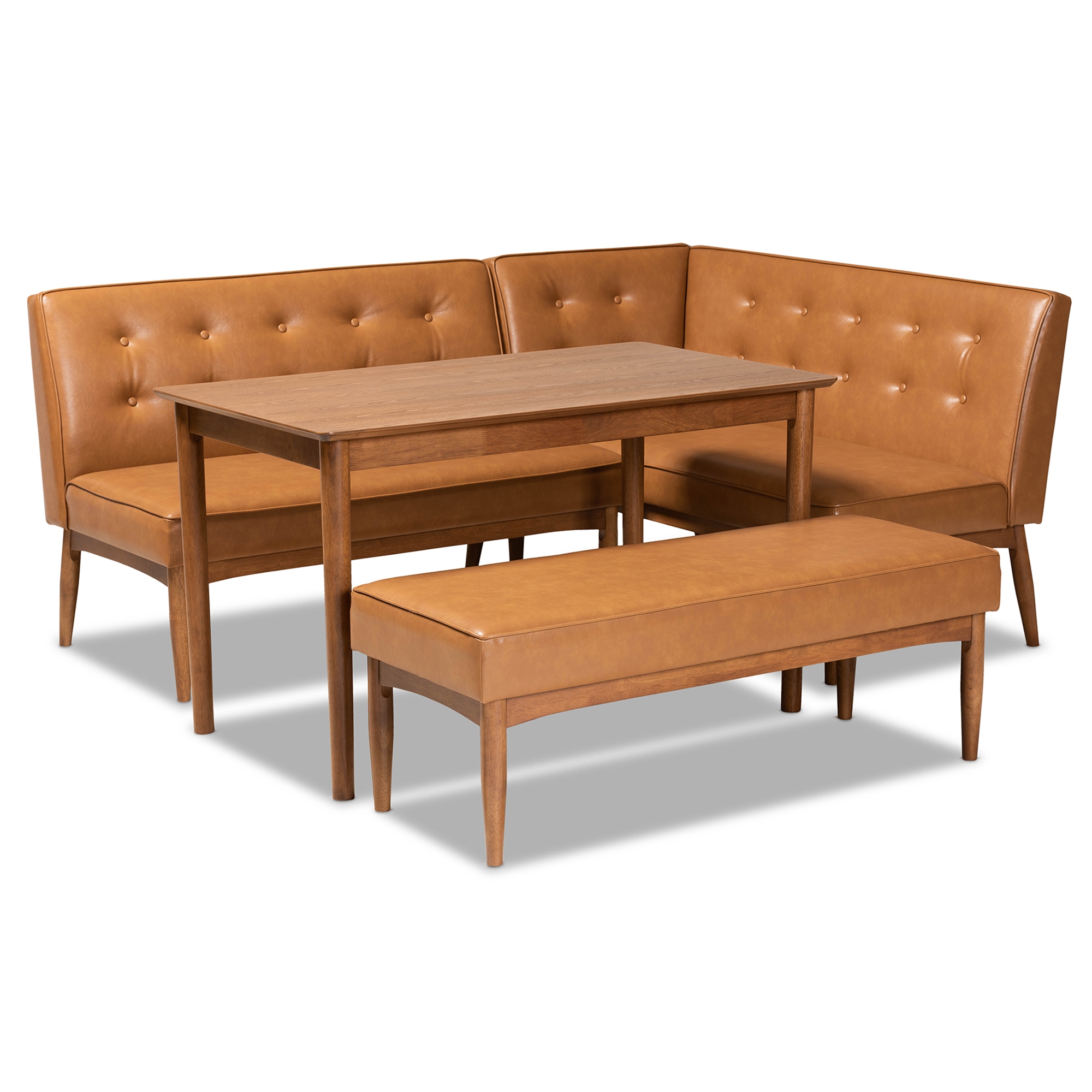 Baxton Studio Arvid Mid-Century Modern Tan Faux Leather Upholstered and Walnut Brown Finished Wood 4-Piece Dining Nook Set