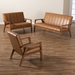Baxton Studio Nikko Mid-century Modern Tan Faux Leather Upholstered and Walnut Brown finished Wood 3-Piece Living Room Set - BSOBBT8011A2-Tan 3PC Set