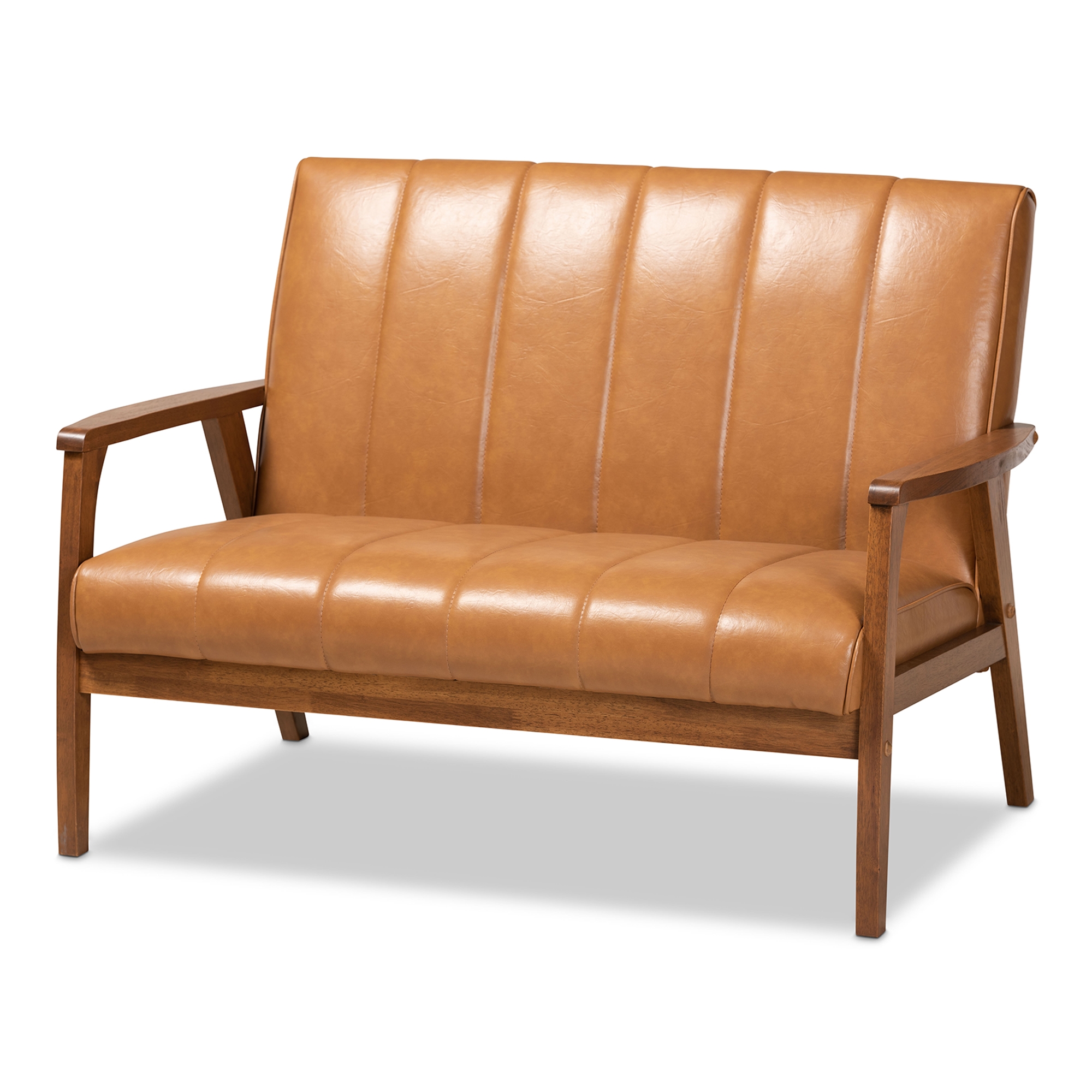 Baxton Studio Nikko Mid-century Modern Tan Faux Leather Upholstered and Walnut Brown finished Wood Loveseat