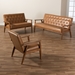 Baxton Studio Sorrento Mid-Century Modern Tan Faux Leather Upholstered and Walnut Brown Finished Wood 3-Piece Living Room Set - BSOBBT8013-Tan 3PC Living Room Set