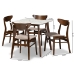 Baxton Studio Paras Mid-Century Modern Transitional Light Beige Fabric Upholstered and Walnut Brown Finished Wood 5-Piece Dining Set with Faux Marble Dining Table - BSOParas-Latte/Walnut-5PC Dining Set