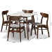 Baxton Studio Paras Mid-Century Modern Transitional Light Grey Fabric Upholstered and Walnut Brown Finished Wood 5-Piece Dining Set with Faux Marble Dining Table - BSOParas-Smoke/Walnut-5PC Dining Set
