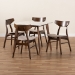 Baxton Studio Pearson Mid-Century Modern Transitional Light Beige Fabric Upholstered and Walnut Brown Finished Wood 5-Piece Dining Set with Faux Marble Table - BSOPearson-Latte/Walnut-5PC Dining Set