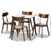 Baxton Studio Reba Mid-Century Modern Light Beige Fabric Upholstered and Walnut Brown Finished Wood 5-Piece Dining Set with Faux Marble Dining Table - BSOReba-Latte/Walnut-5PC Dining Set