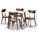 Baxton Studio Reba Mid-Century Modern Light Grey Fabric Upholstered and Walnut Brown Finished Wood 5-Piece Dining Set with Faux Marble Dining Table - BSOReba-Smoke/Walnut-5PC Dining Set