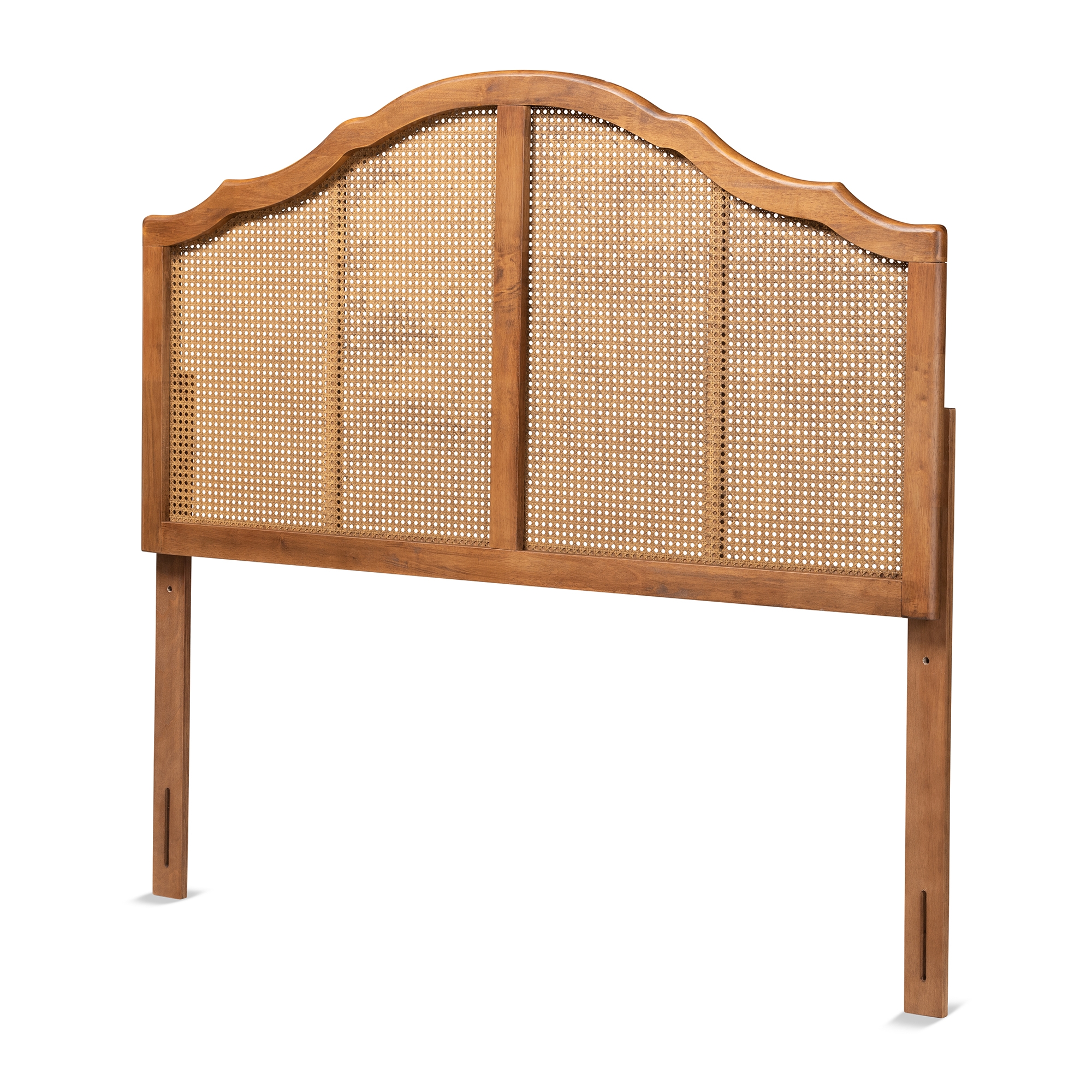 Baxton Studio Iris Vintage Classic and Traditional Ash Walnut Finished Wood and Synthetic Rattan Queen Size Arched Headboard
