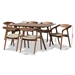 Baxton Studio Harland Mid-Century Modern Grey Faux Leather Upholstered and Walnut Brown Finished Wood 7-Piece Dining Set - BSORDC809B-AC-Steel/Walnut-7PC Dining Set