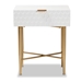 Baxton Studio Marcin Contemporary Glam and Luxe White Finished Wood and Gold Metal 1-Drawer End Table - BSOJY20B123-White/Gold-ET