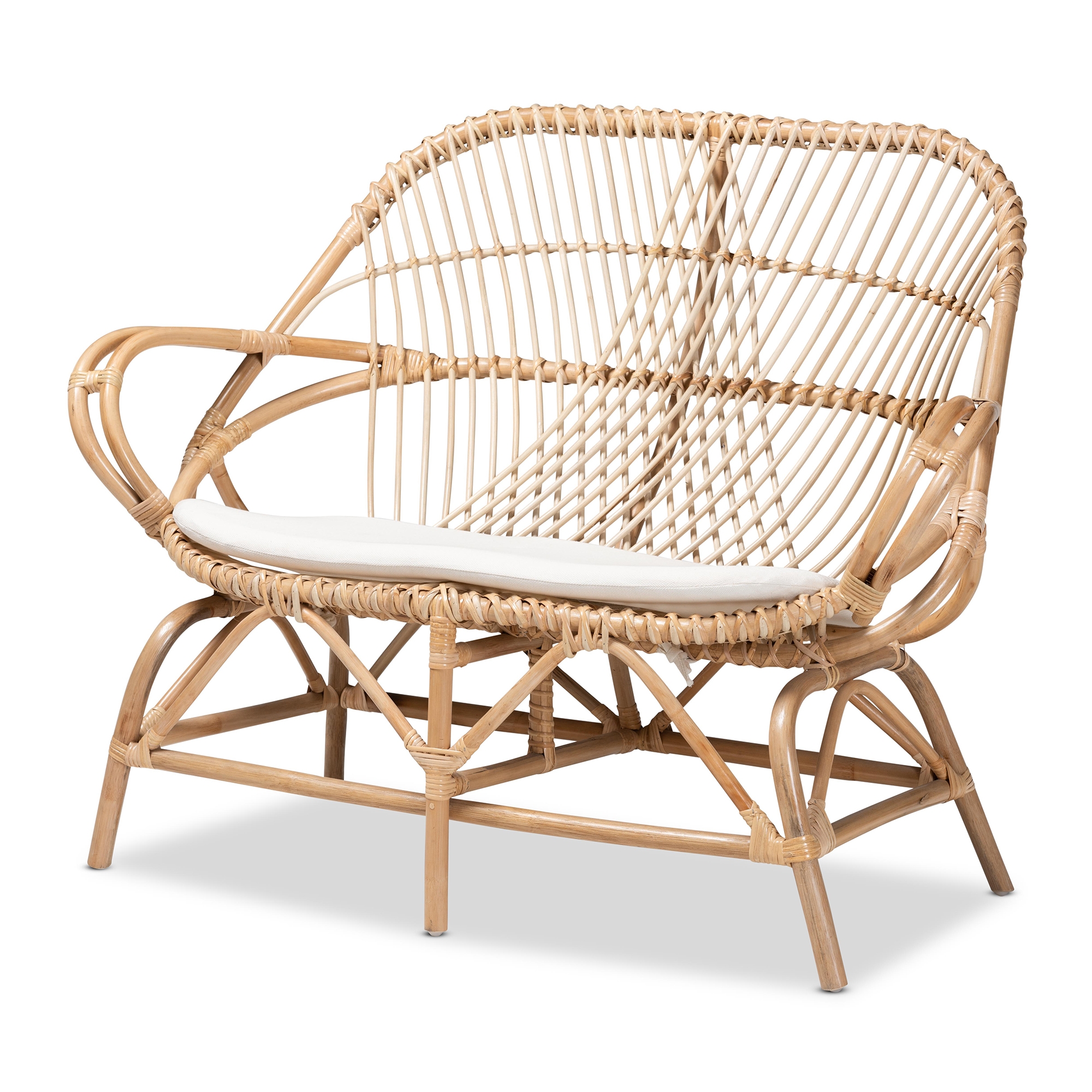Baxton Studio Jayden Modern Bohemian White Fabric Upholstered and Natural Brown Finished Rattan Loveseat