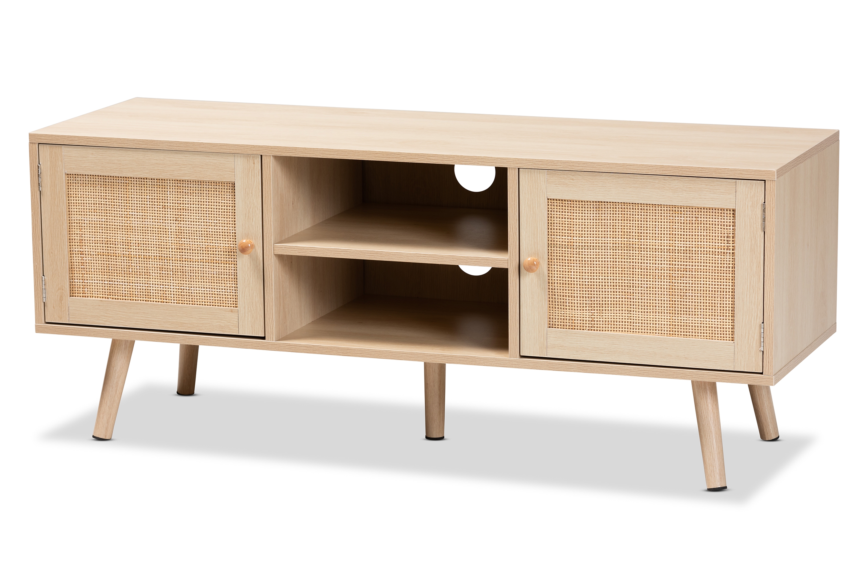 Baxton Studio Sebille Mid-Century Modern Light Brown Finished Wood 2-Door TV Stand with Natural Rattan