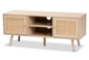 Baxton Studio Sebille Mid-Century Modern Light Brown Finished Wood 2-Door TV Stand with Natural Rattan
