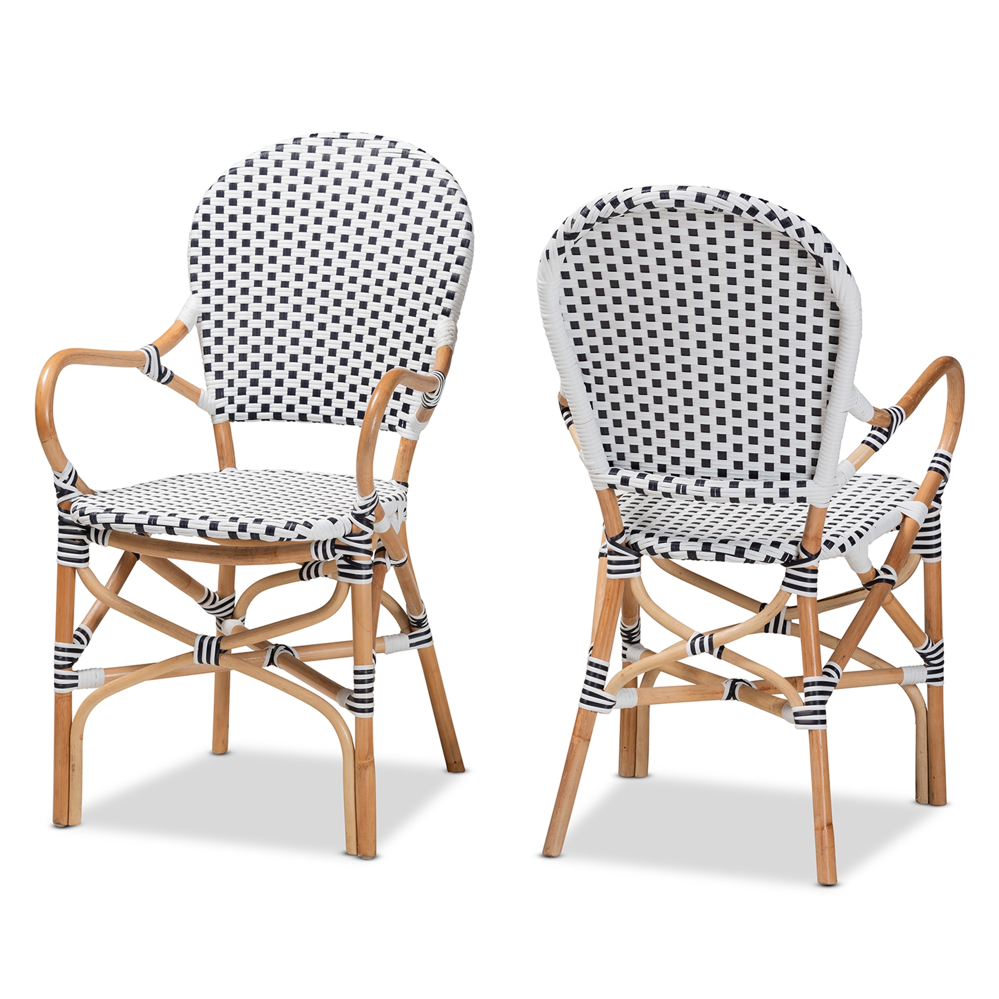 Baxton Studio Naila Classic French Black and White Weaving and Natural Brown Rattan 2-Piece Dining Chair Set