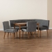 Baxton Studio Alvis Mid-Century Modern Grey Velvet Upholstered and Walnut Brown Finished Wood 5-Piece Dining Nook Set - BSOBBT8063-Grey Velvet/Walnut-5PC Dining Nook Set