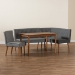 Baxton Studio Alvis Mid-Century Modern Grey Velvet Upholstered and Walnut Brown Finished Wood 4-Piece Dining Nook Set - BSOBBT8063-Grey Velvet/Walnut-4PC Dining Nook Set