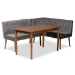 Baxton Studio Alvis Mid-Century Modern Grey Velvet Upholstered and Walnut Brown Finished Wood 3-Piece Dining Nook Set
