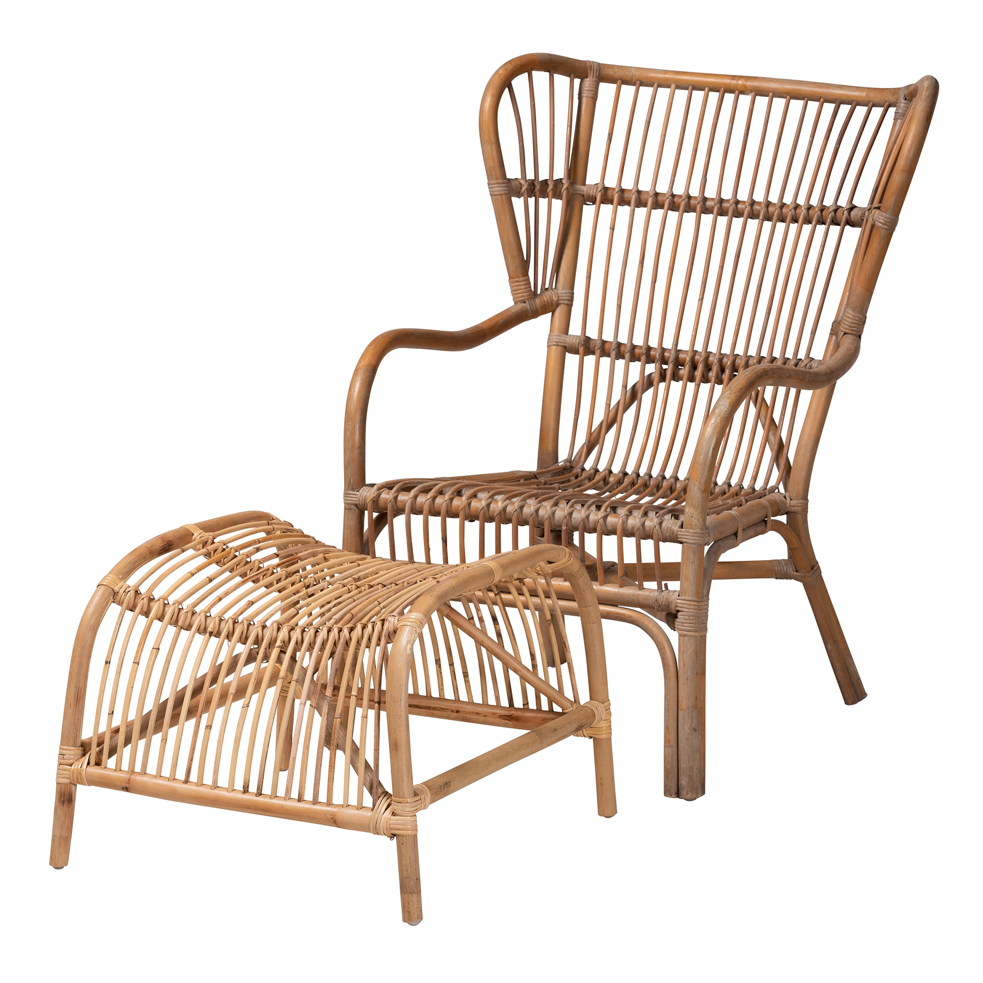 Baxton Studio Lamaria Modern Bohmenian Natural Brown Antique Rattan 2-Piece Chair and Footstool Set