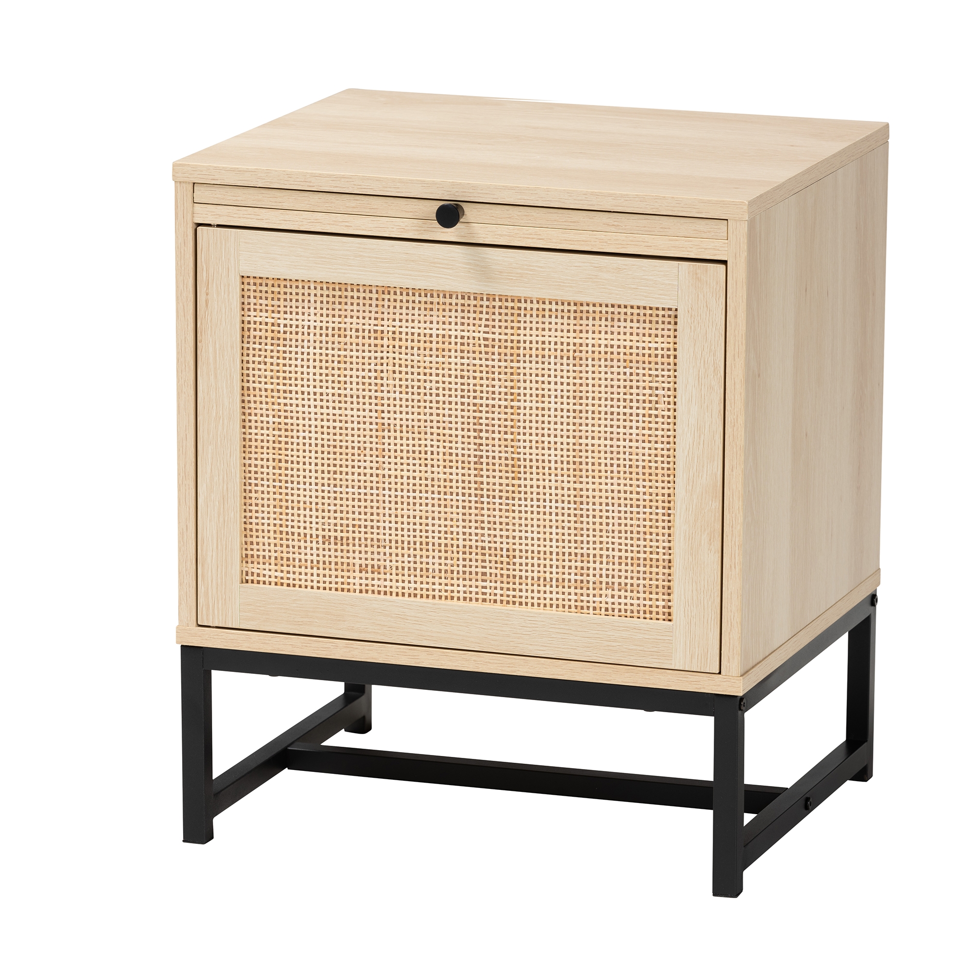 Baxton Studio Caterina Mid-Century Modern Transitional Natural Brown Finished Wood and Natural Rattan 1-Door End Table with Pull-Out Shelf
