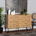 Baxton Studio Sawyer Mid-Century Modern Industrial Oak Brown Finished Wood and Black Metal 6-Drawer Storage Cabinet with Natural Rattan - BSOLCF20220221-Oak Brown-6DW-Cabinet