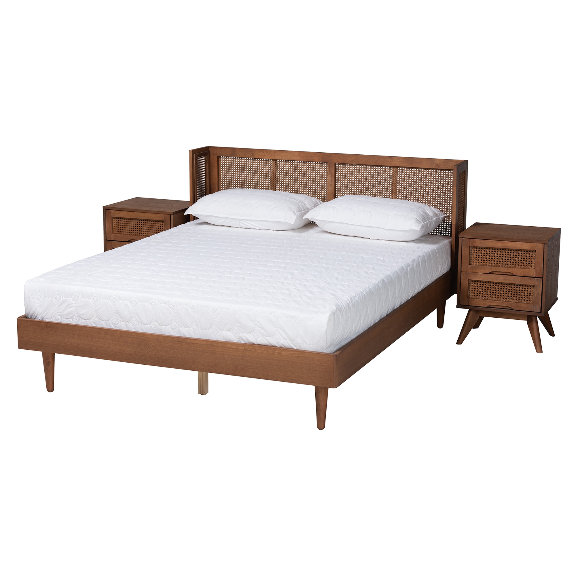 Baxton Studio Rina Mid-Century Modern Ash Walnut Finished Wood 3-Piece Queen Size Bedroom Set with Synthetic Rattan