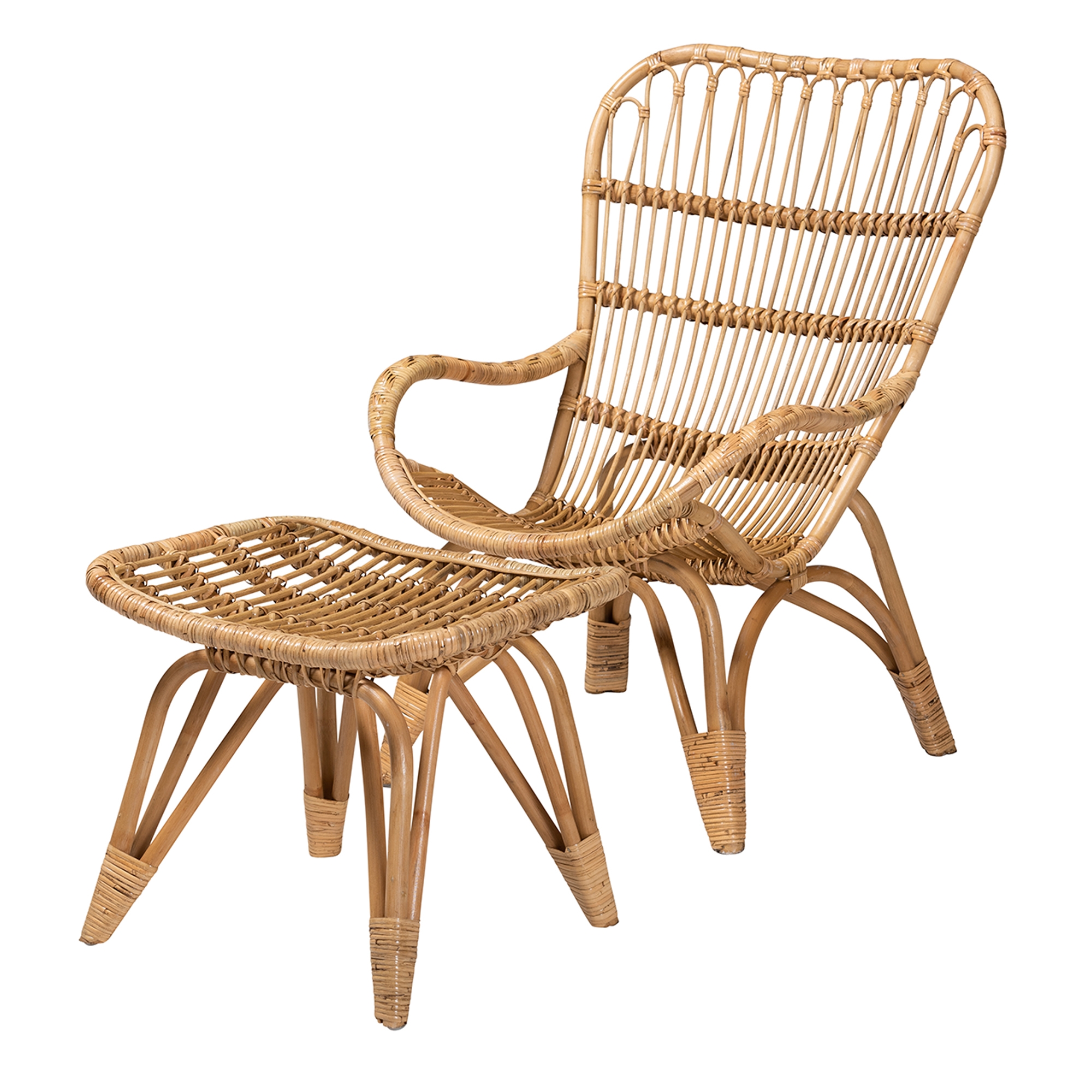 Baxton Studio Earvin Modern Bohemian Natural Brown Rattan 2-Piece Armchair and Footstool Set