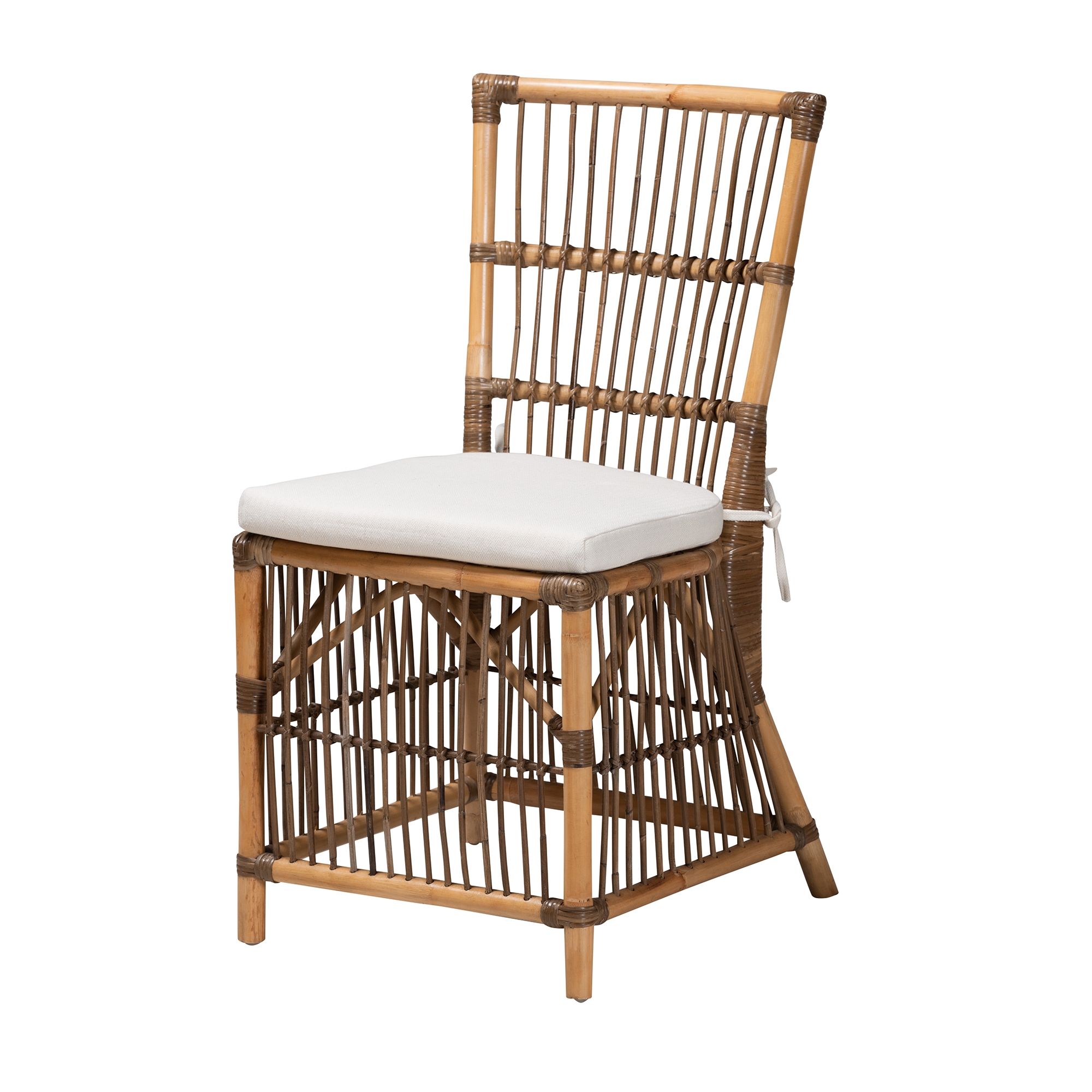 Baxton Studio Kim Modern Bohemian White Fabric and Natural Brown Rattan Dining Chair