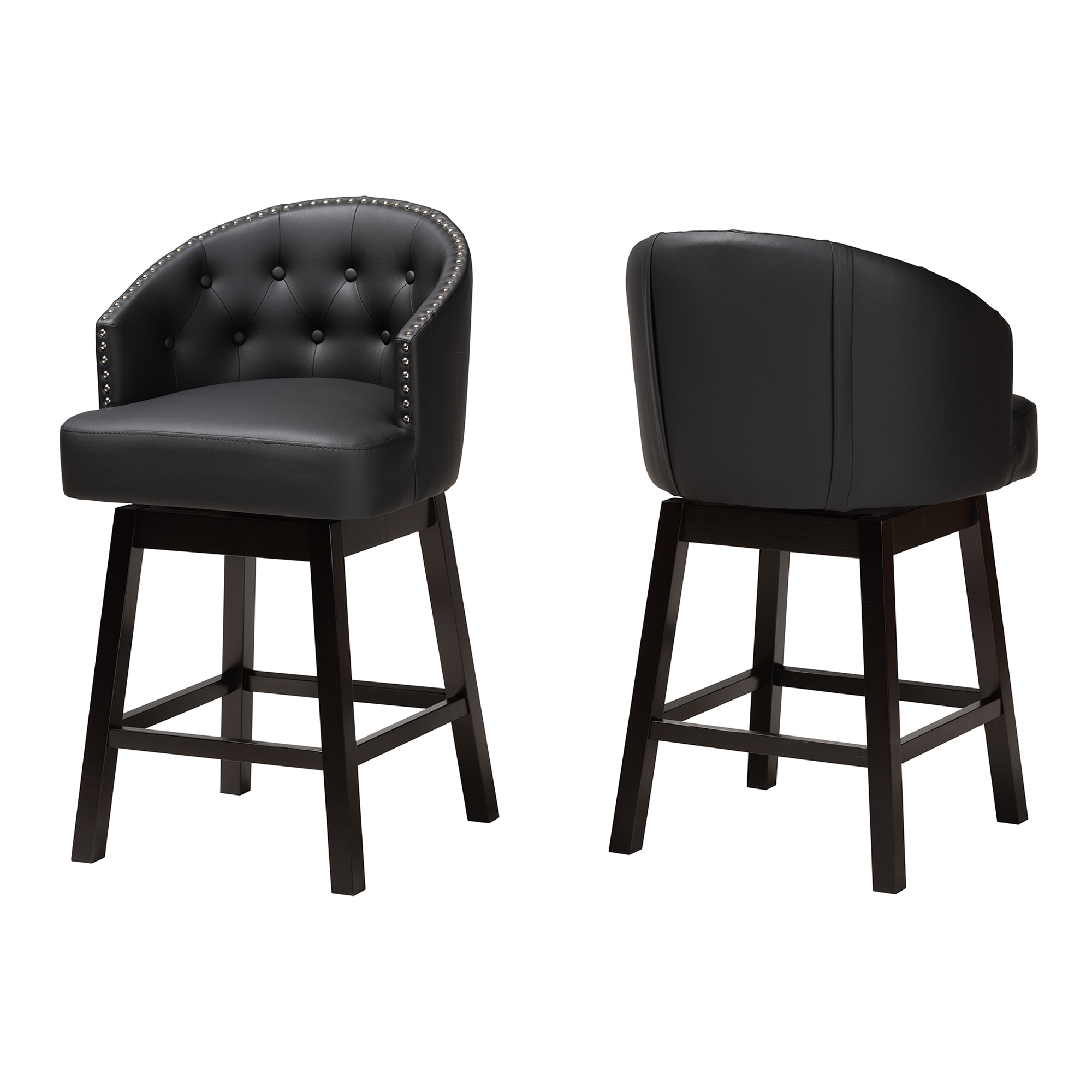Baxton Studio Theron Mid-Century Transitional Black Faux Leather and Espresso Brown Finished Wood 2-Piece Swivel Counter Stool Set