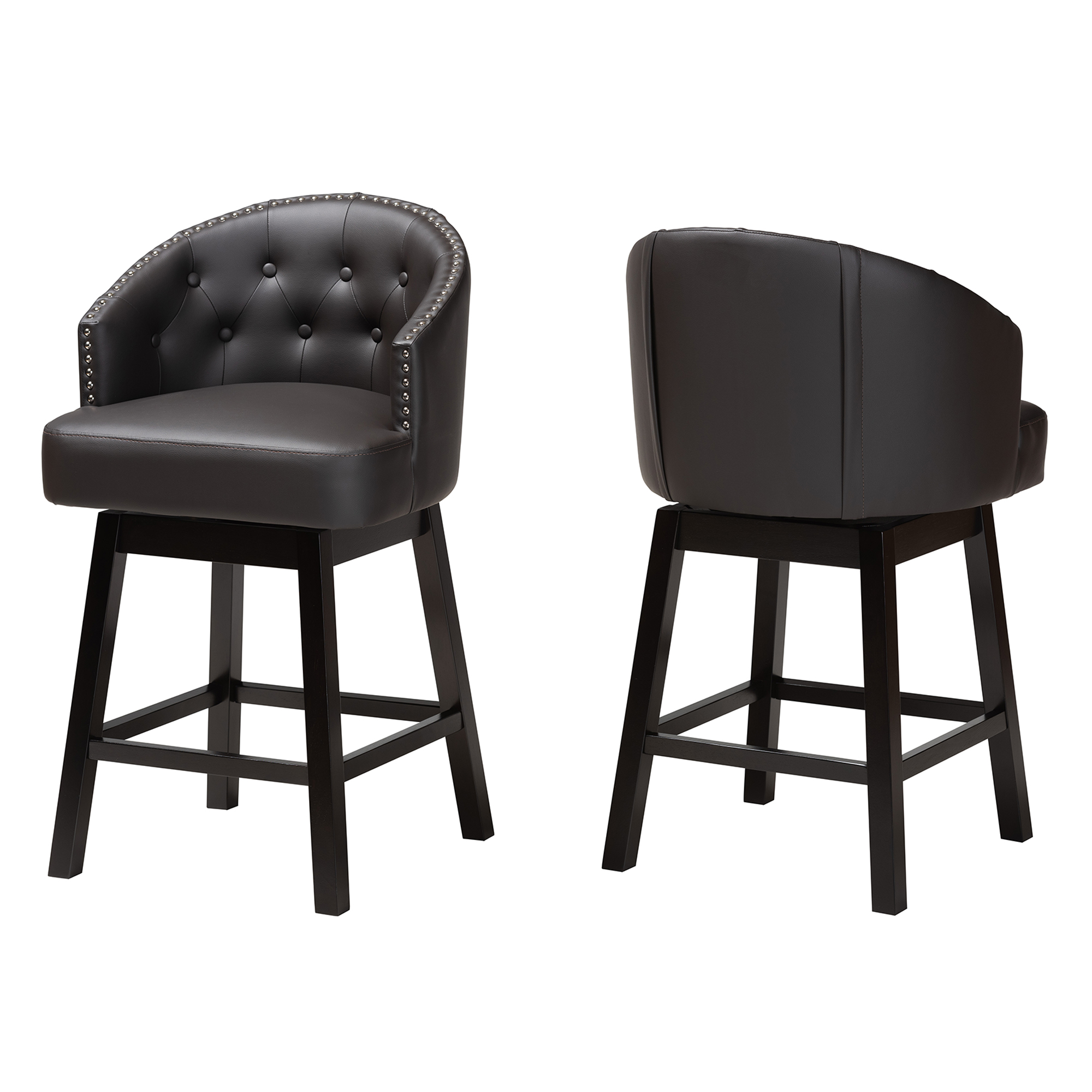 Baxton Studio Theron Mid-Century Transitional Dark Brown Faux Leather and Espresso Brown Finished Wood 2-Piece Swivel Counter Stool Set