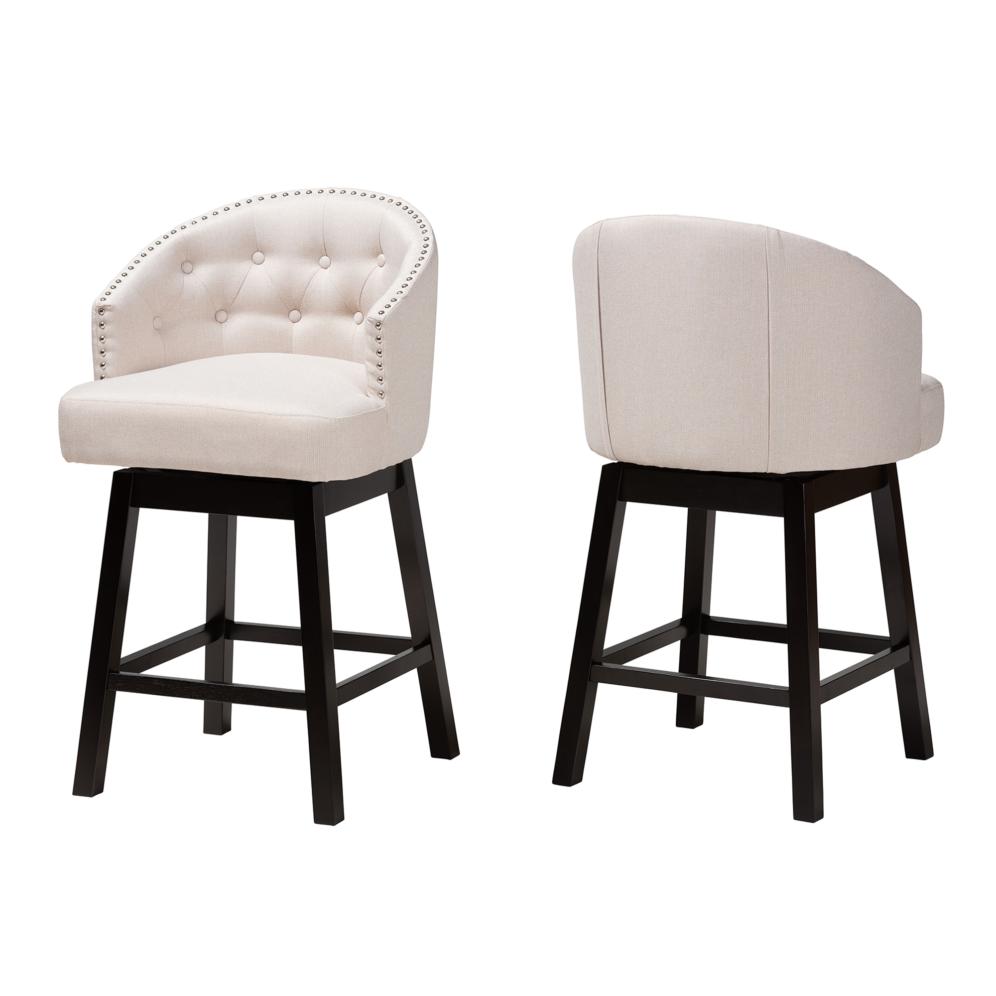 Baxton Studio Theron Mid-Century Transitional Light Beige Fabric and Espresso Brown Finished Wood 2-Piece Swivel Counter Stool Set