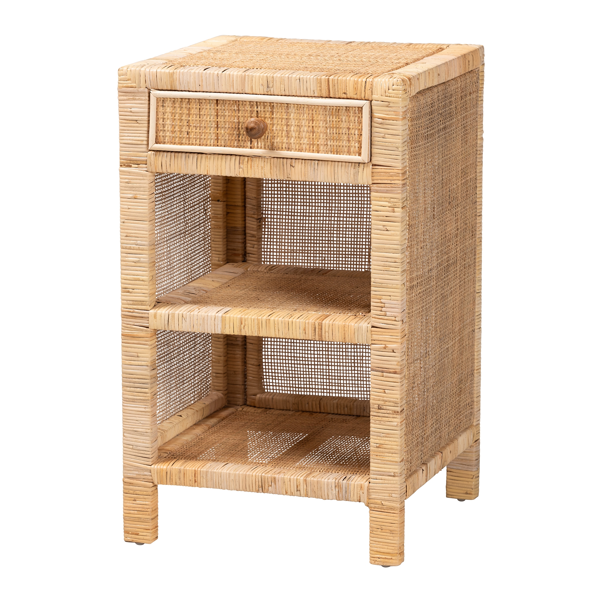 Baxton Studio Bella Modern Bohemian Natural Brown Mahogany Wood and Natural Rattan 1-Drawer Nightstand