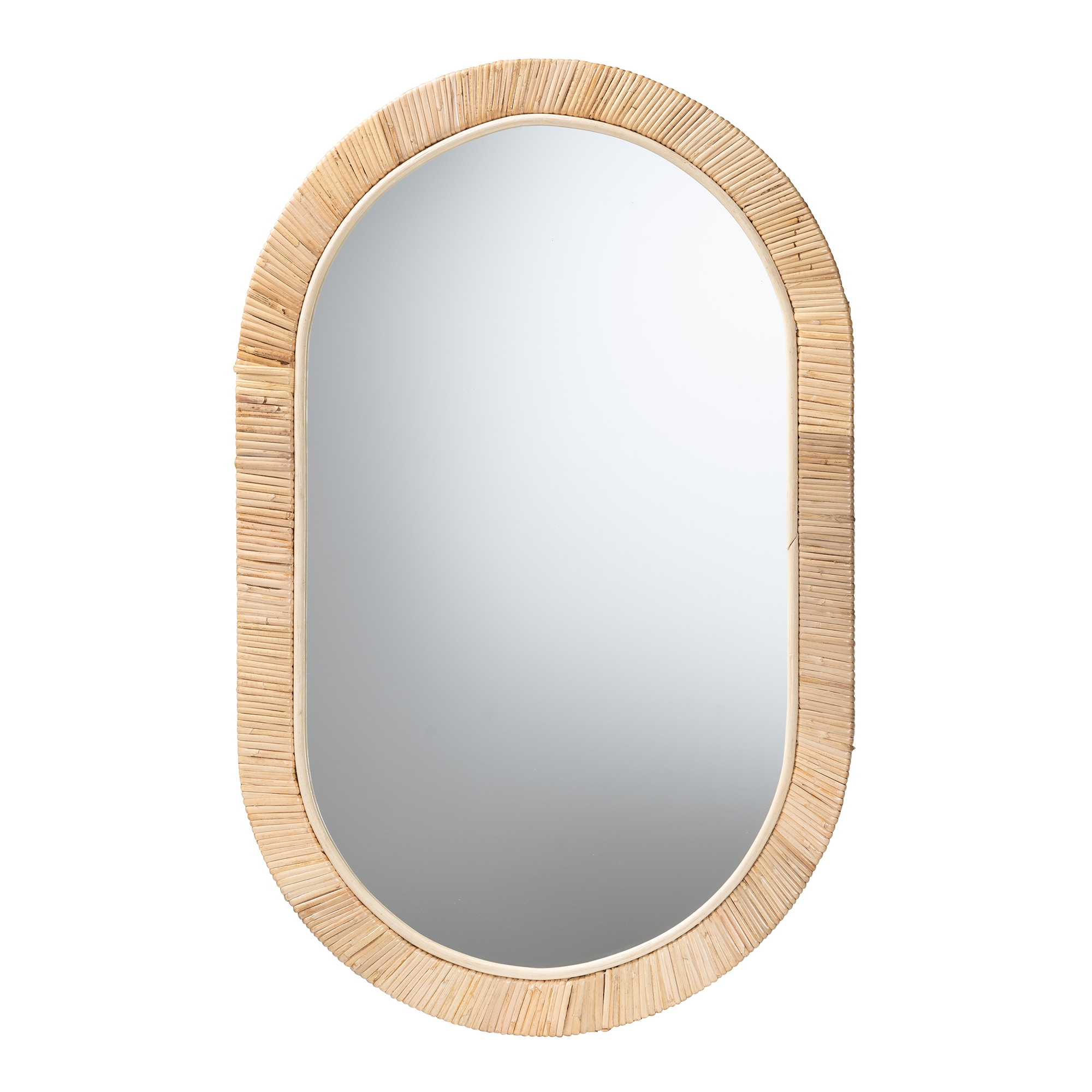 Baxton Studio Bella Modern Bohemian Natural Brown Mahognay Wood and Natural Rattan Oval Mirror