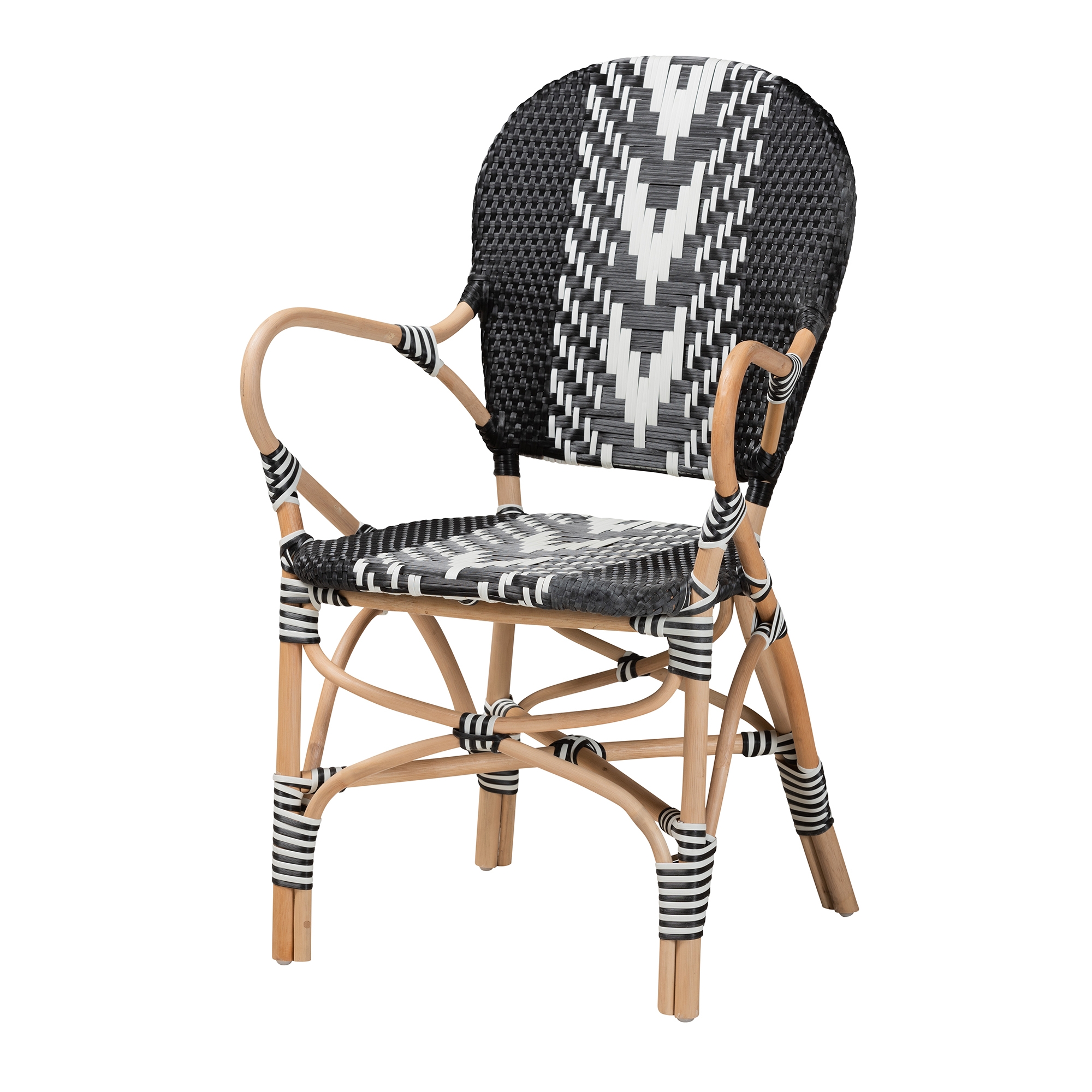 Baxton Studio Wallis Modern French Two-Tone Black and White Weaving and Natural Rattan Indoor Dining Chair