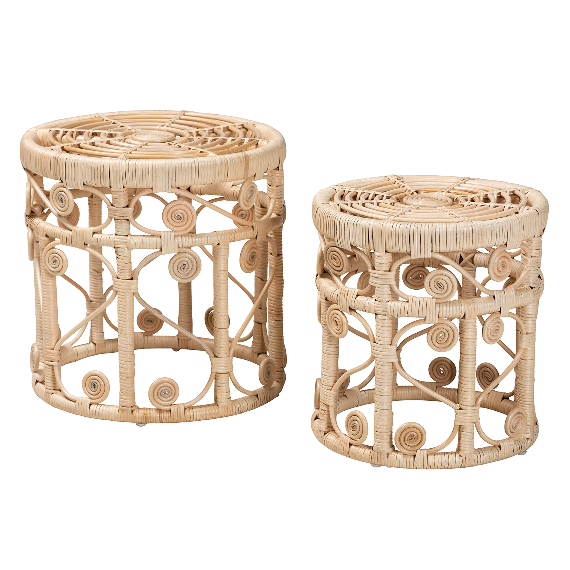 Baxton Studio Bowie Modern Bohemian Natural Brown Rattan 2-Piece Nesting End Table Set
