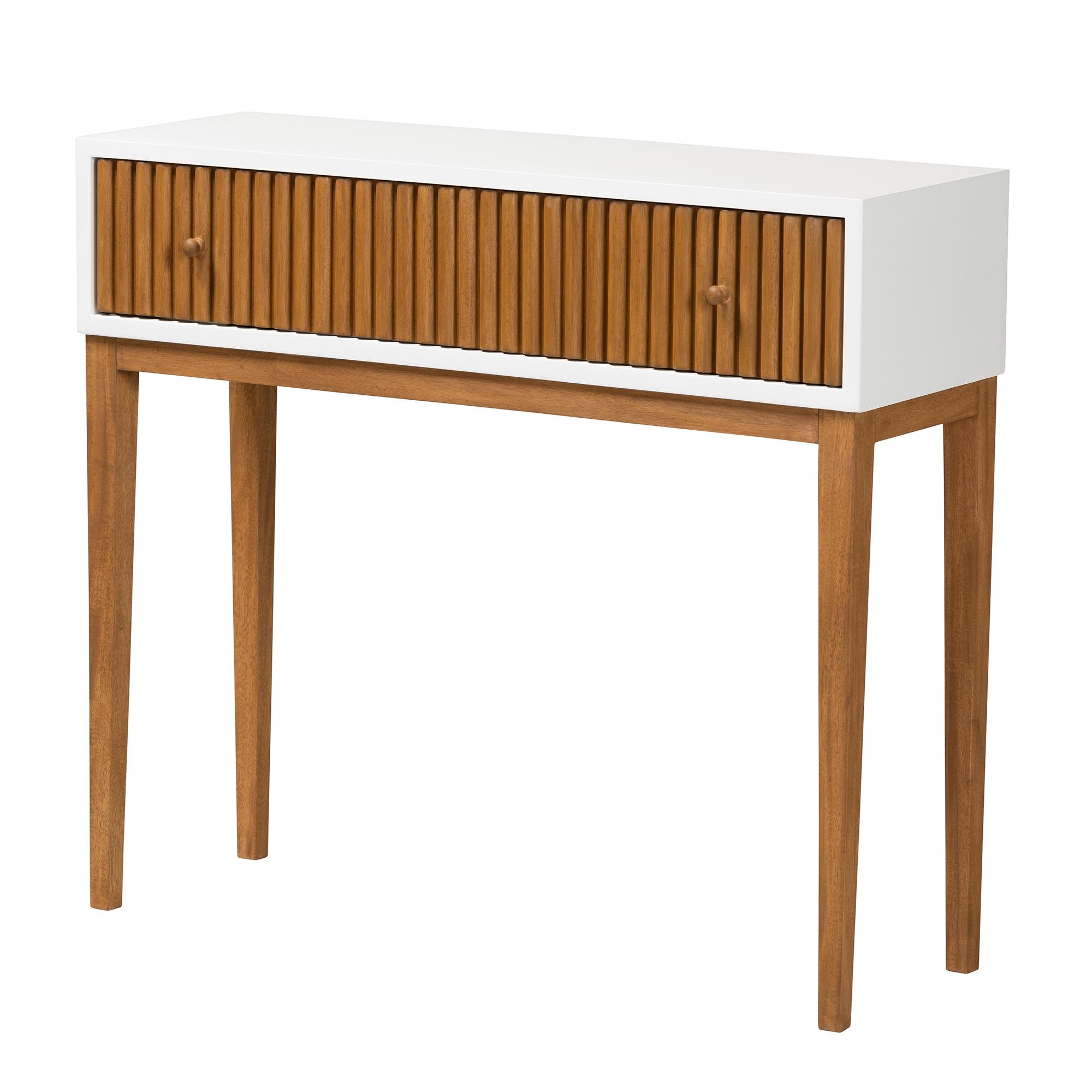 Baxton Studio Odile Mid-Century Modern Two-Tone Natural Brown and White Bayur Wood 1-Drawer Console Table