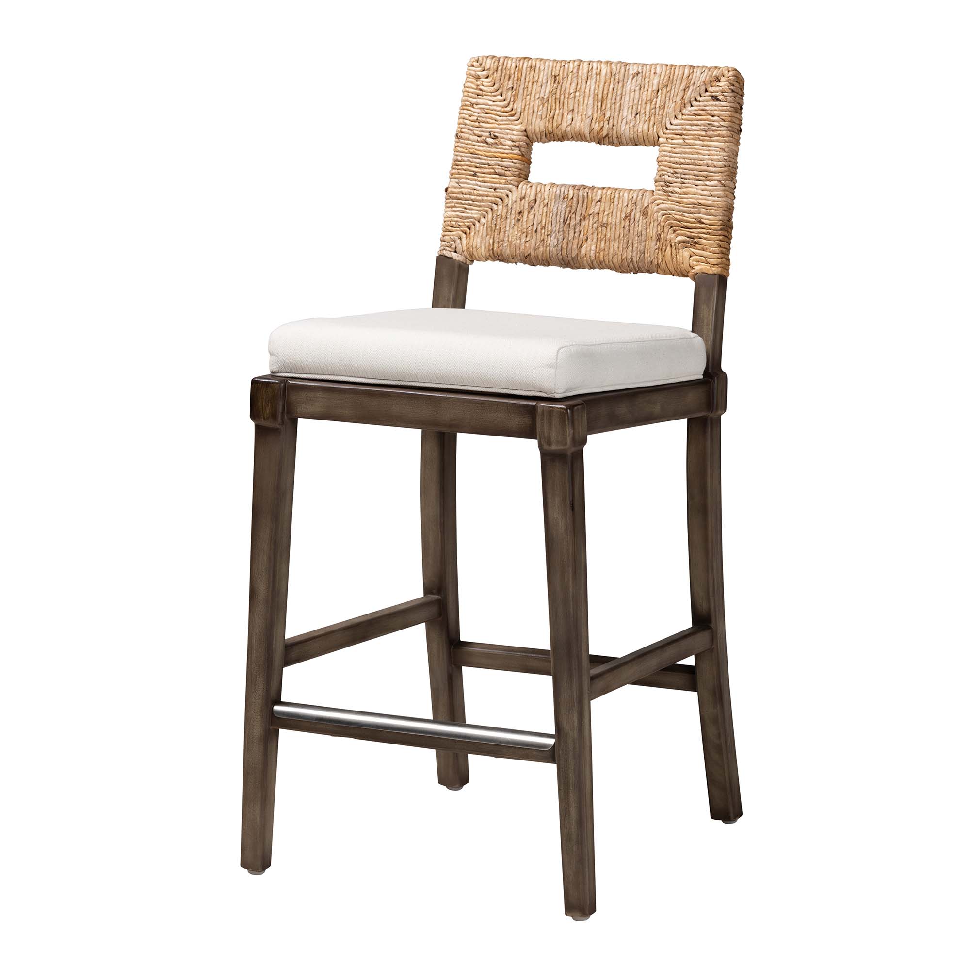 Baxton Studio Porsha Modern Bohemian Dark Brown Finished Mahogany Wood and Natural Rattan Counter Stool