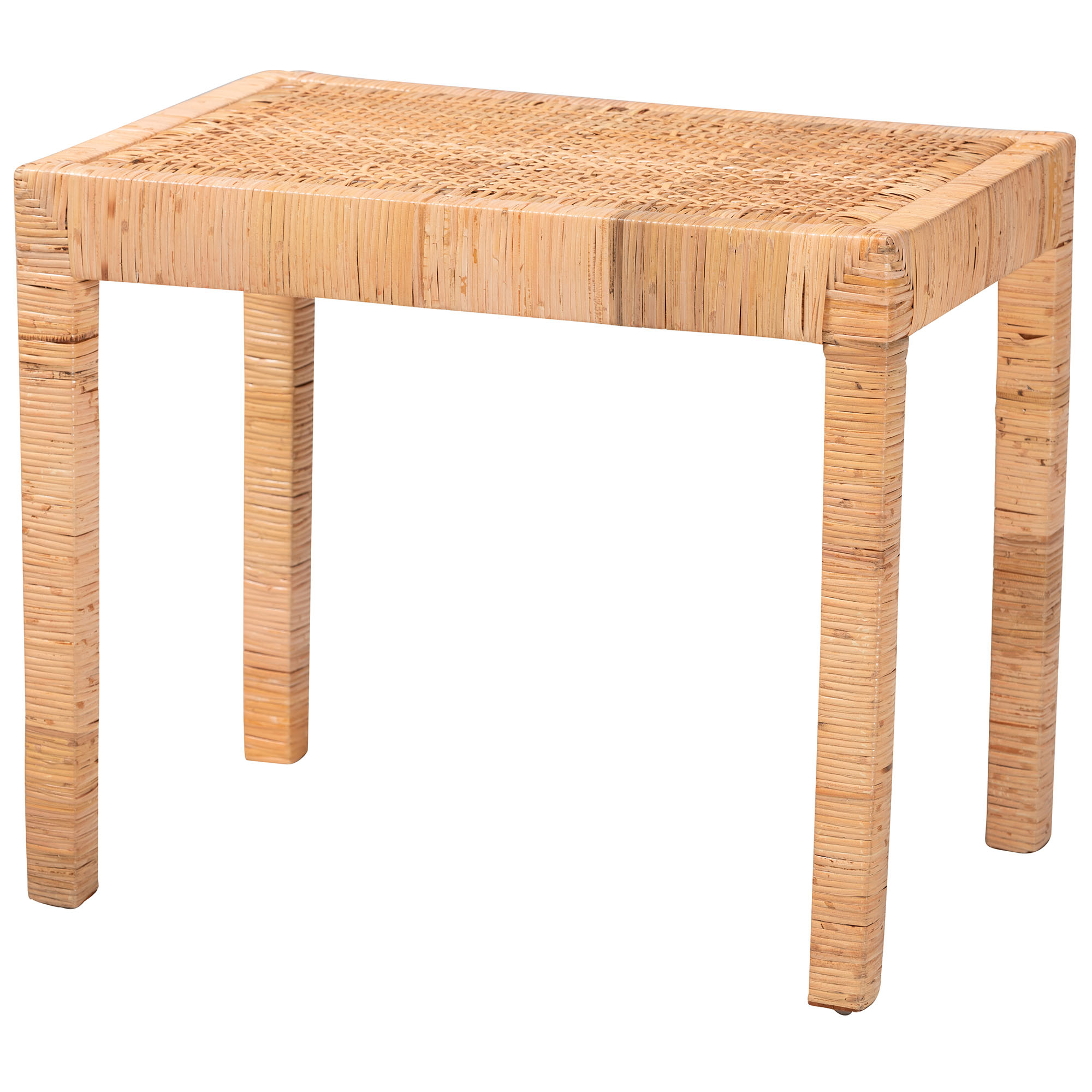 Baxton Studio Abelia Modern Bohemian Natural Rattan and Mahogany Wood Short Accent Bench