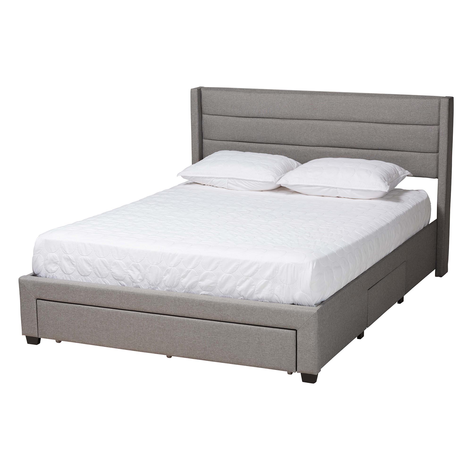 Baxton Studio Braylon Mid-Century Modern Transitional Light Grey Fabric and Dark Brown Finished Wood Queen Size 3-Drawer Storage Platform Bed