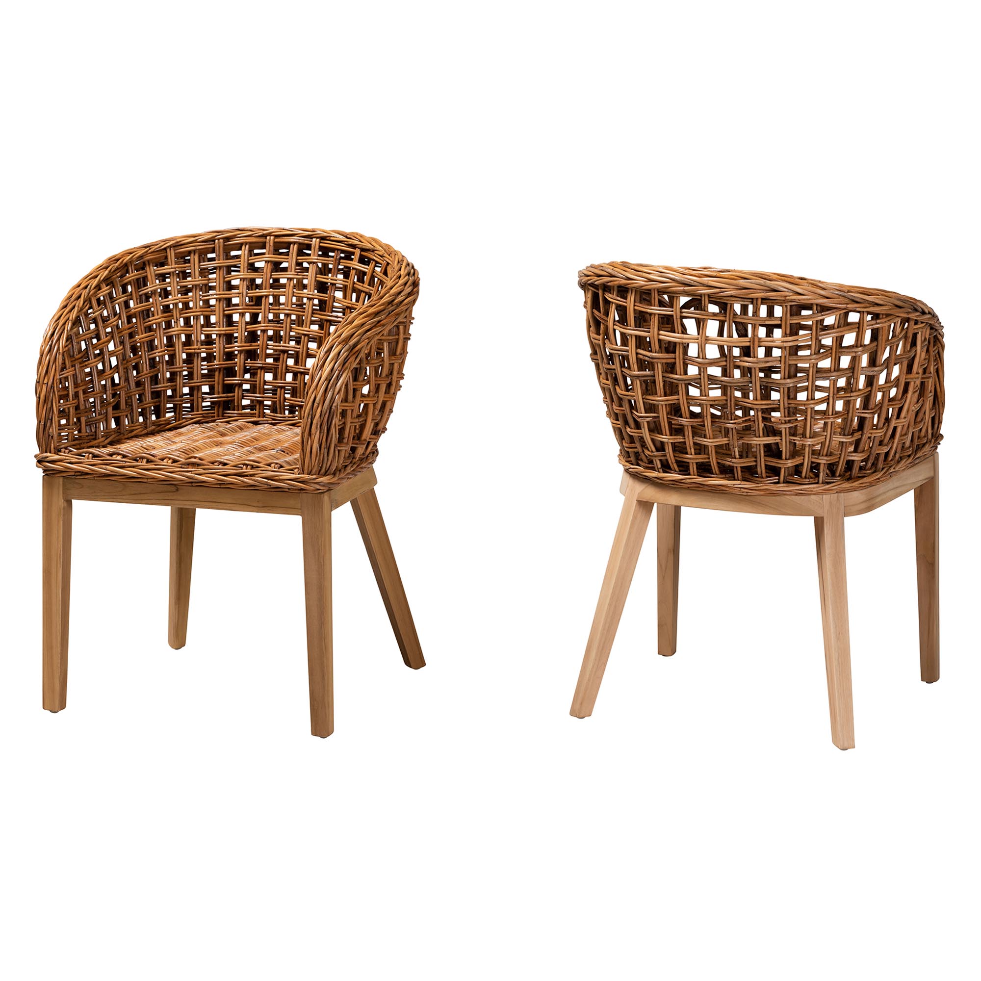 Baxton Studio Mario Modern Bohemian Natural Brown Finished Teak Wood and Rattan 2-Piece Dining Chair Set