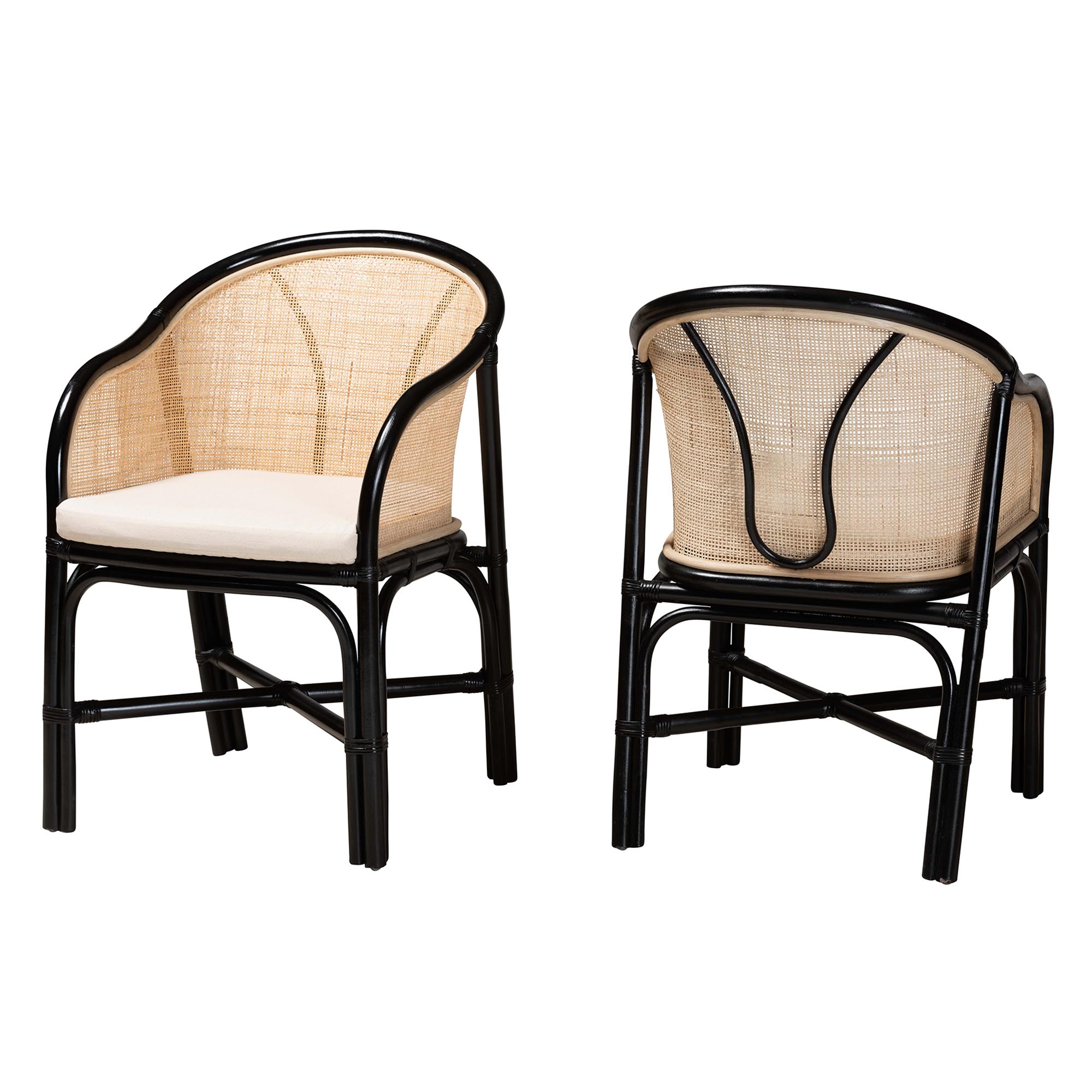 Baxton Studio Miranda Modern Bohemian Two-Tone Black and Natural Brown Rattan 2-Piece Dining Chair Set