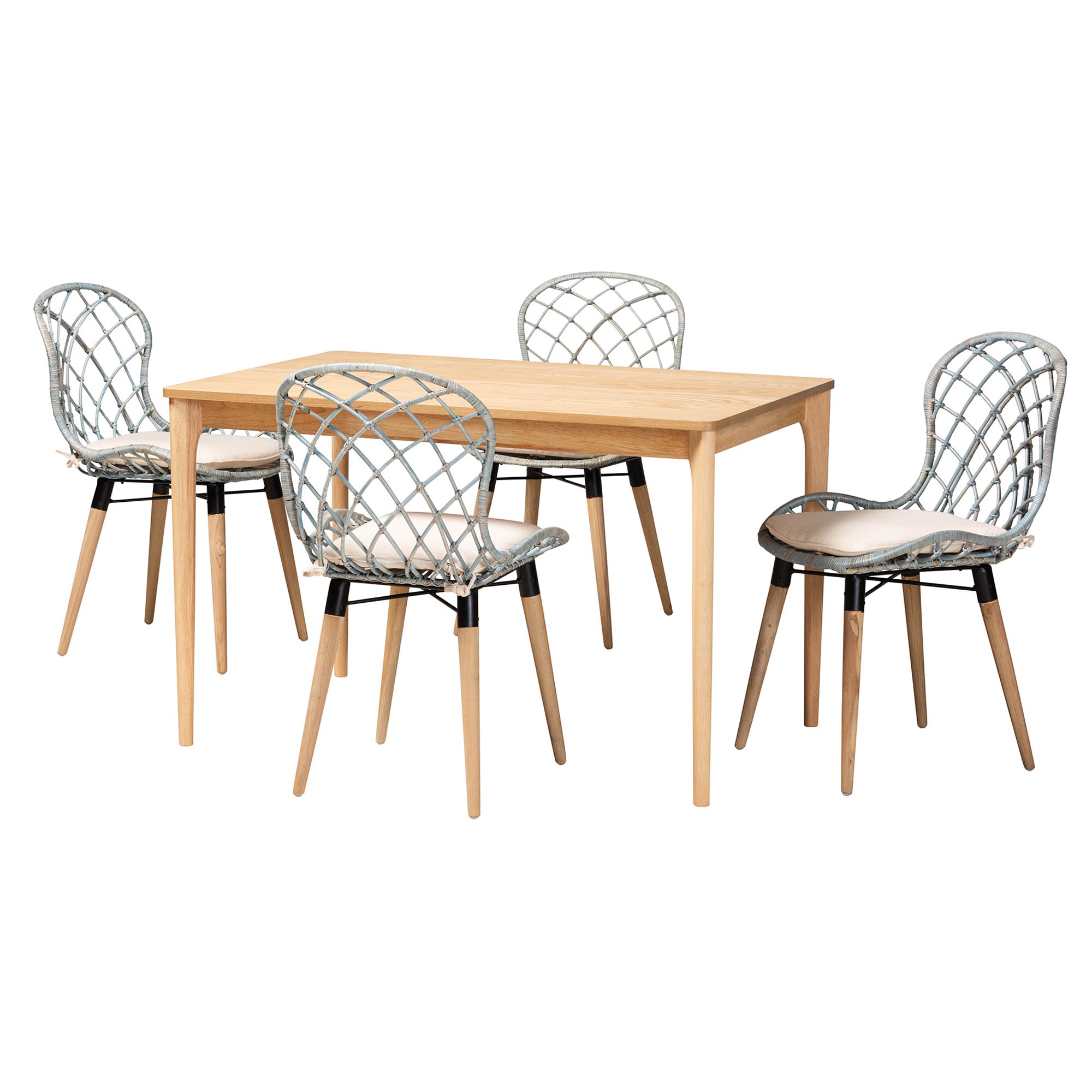 Baxton Studio Sabelle Modern Bohemian Light Blue Rattan and Natural Brown Finished Wood 5-Piece Dining Set