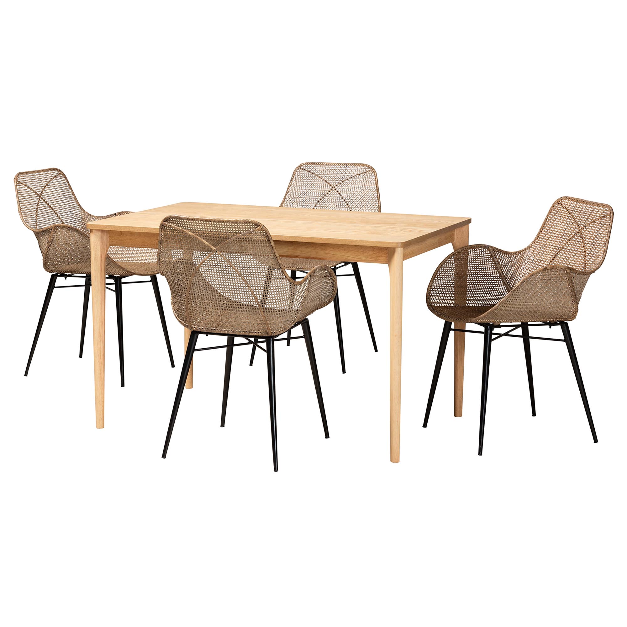 Baxton Studio Ballerina Modern Bohemian Greywashed Rattan and Black Metal 5-Piece Dining Set