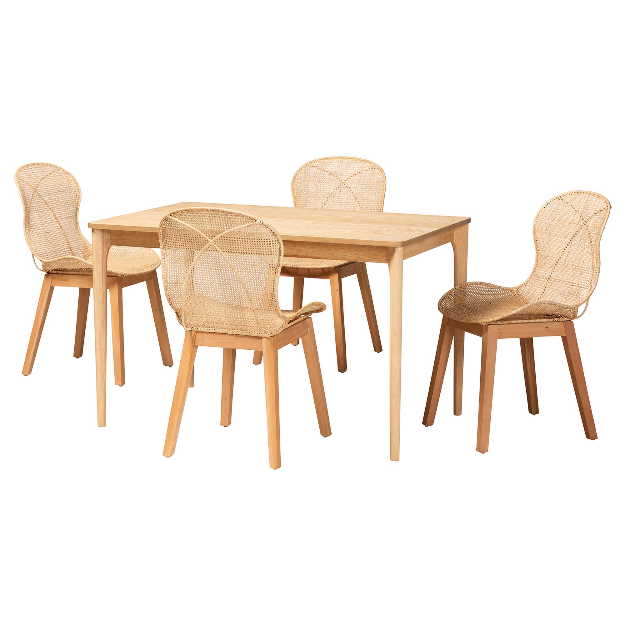 Baxton Studio Sabelle Japandi Natural Brown Mahogany Wood and Rattan 5-Piece Dining Set