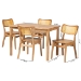 Baxton Studio Dulcet Mid-Century Modern Oak Brown Finished Wood and Rattan 5-Piece Dining Set - BSORH257C-Natural Rattan-Rectangle-5PC Dining Set