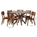 Baxton Studio Linnet Mid-Century Modern Walnut Brown Finished Wood and Rattan 7-Piece Dining Set - BSORH254C-Walnut Rattan-Round-7PC Dining Set
