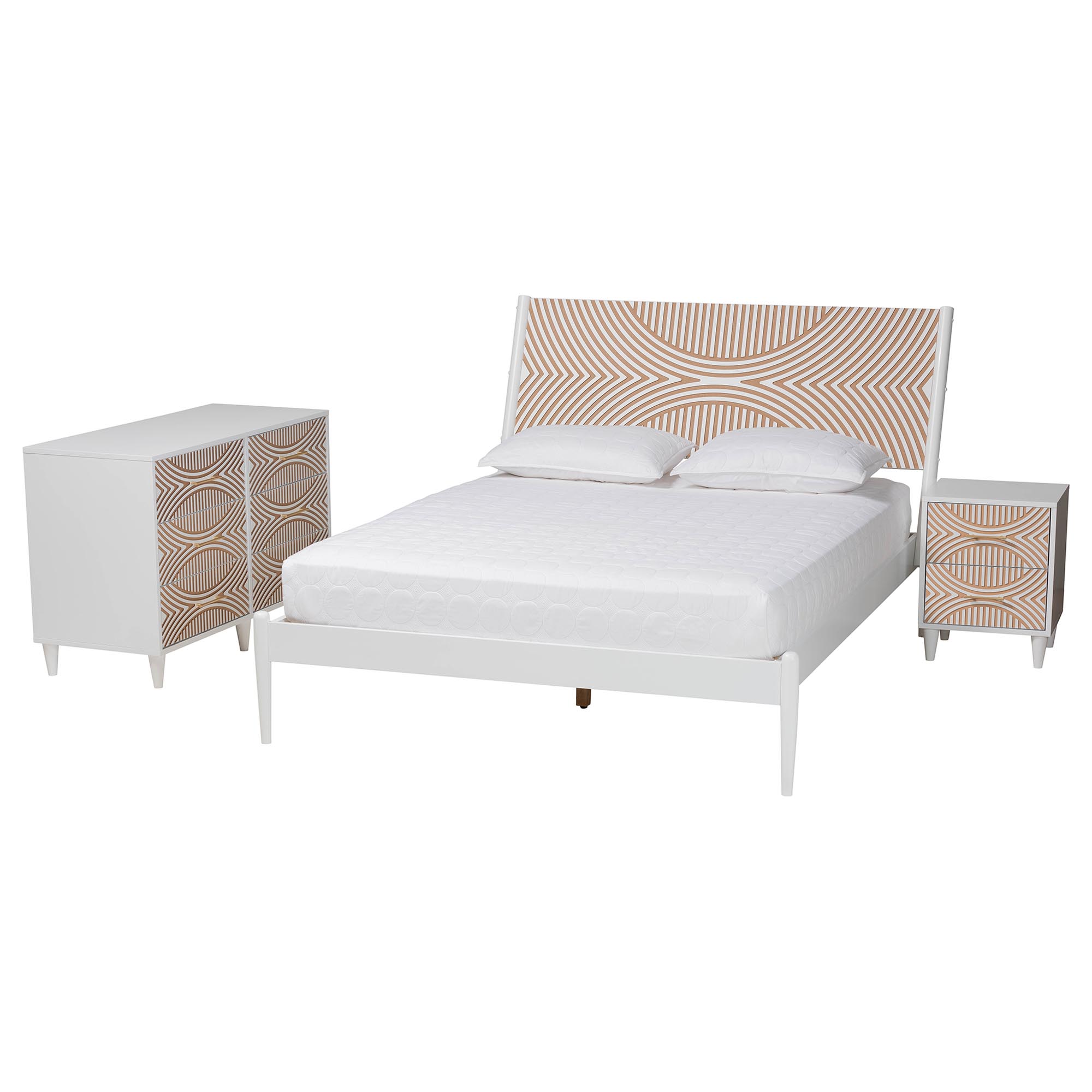 Baxton Studio Louetta Coastal White Caved Contrasting King Size 3-Piece Bedroom Set