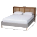 Baxton Studio Harrell Mid-Century Modern Grey Velvet and Woven Rattan Wood Queen Size Bed - BSOBBT61161-Light Grey/Walnut-Queen