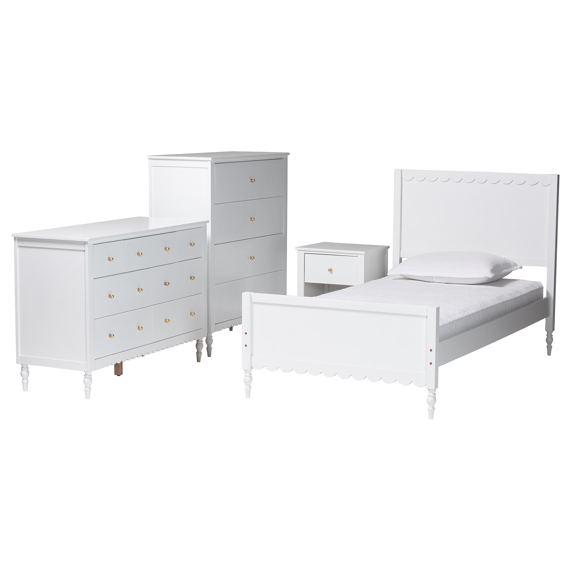 Baxton Studio Roni Modern White Wood 4-Piece Twin Bedroom Set with Scalloped Edges