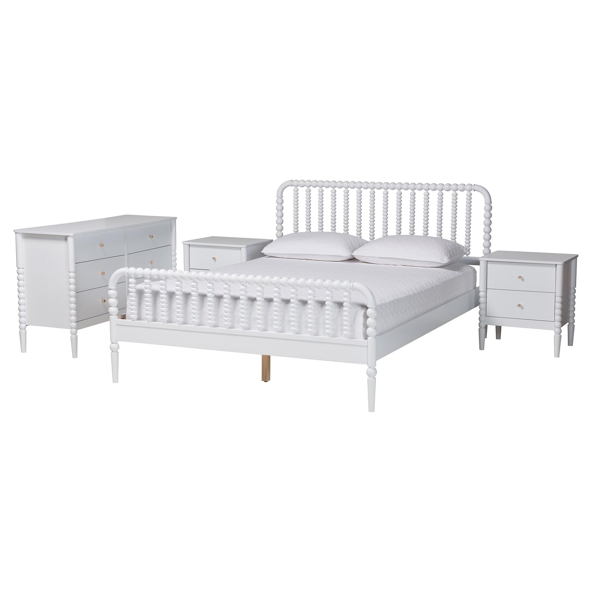 Baxton Studio Lucera Mid-Century White Queen Size 4-Piece Bobbin Bedroom Set