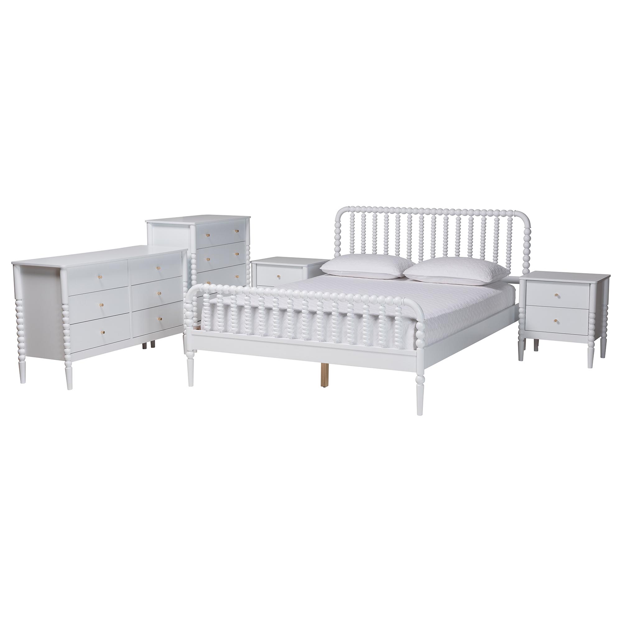 Baxton Studio Lucera Mid-Century White Full Size 5-Piece Bobbin Bedroom Set
